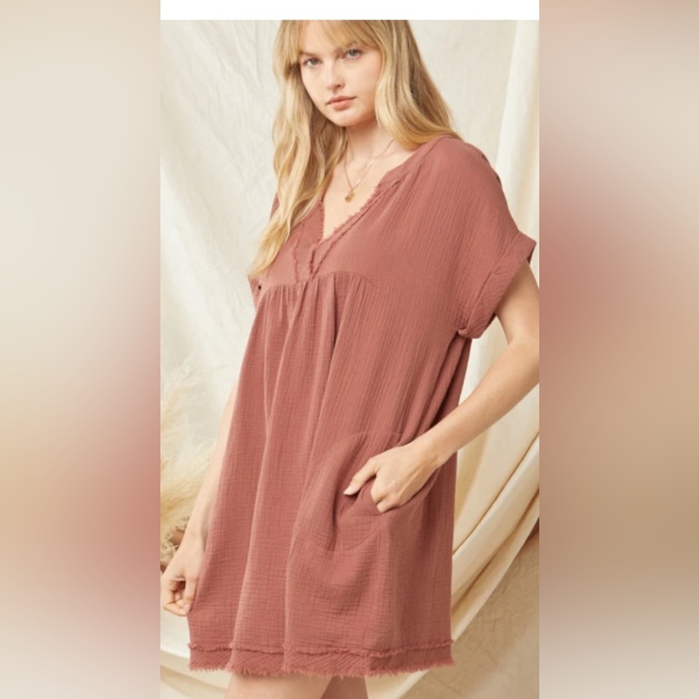 entro Mauve Pink Gauze V-Neck Babydoll Dress